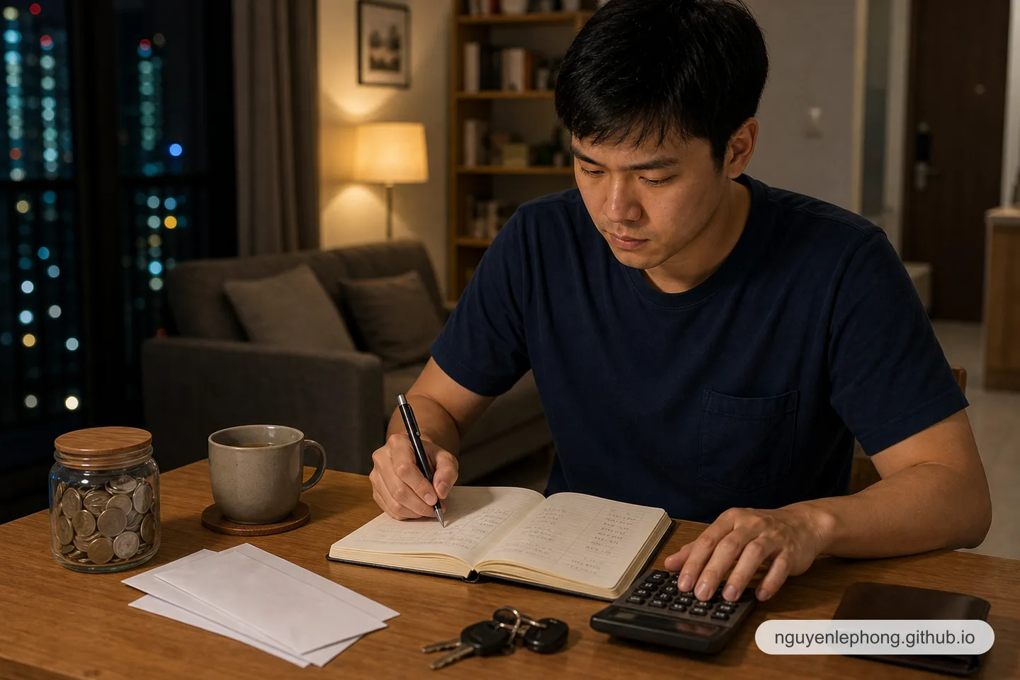 A young Vietnamese buyer reviews a household budget at night with a calculator, savings jar, and car keys nearby.