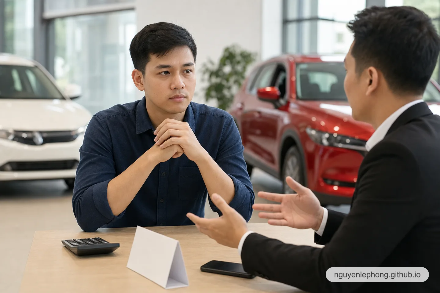 A first-time Vietnamese car buyer listens carefully to a salesperson in a showroom, keeping a calm posture beside a calculator and phone.