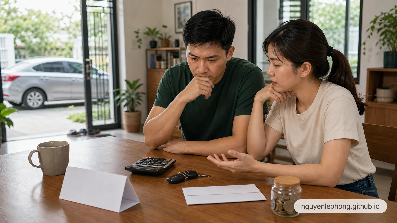 A Vietnamese couple sits at a home table with a calculator, keys, and a small savings jar while deciding whether a first car truly fits their finances.