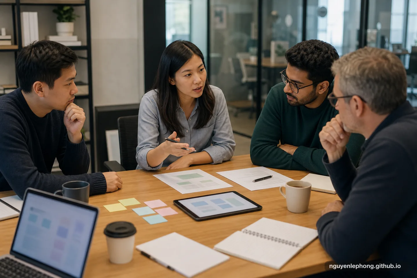 A professional names a project risk at a meeting table while peers and a senior colleague listen with attention.
