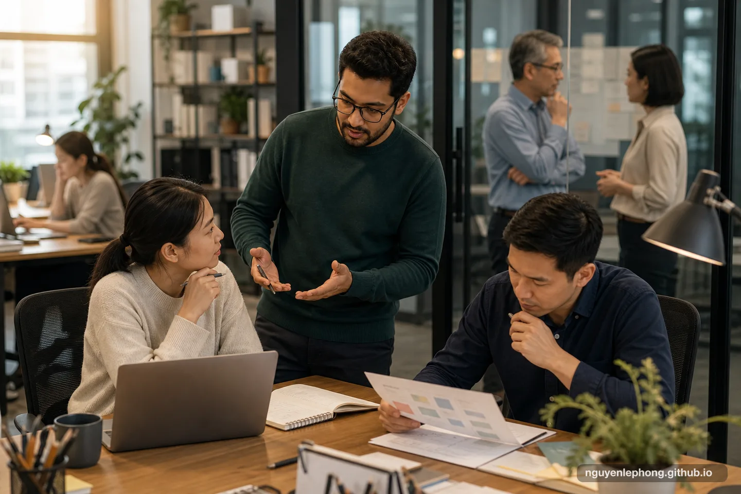 A mid-level professional supports a teammate at a shared desk while peer and senior conversations continue nearby.