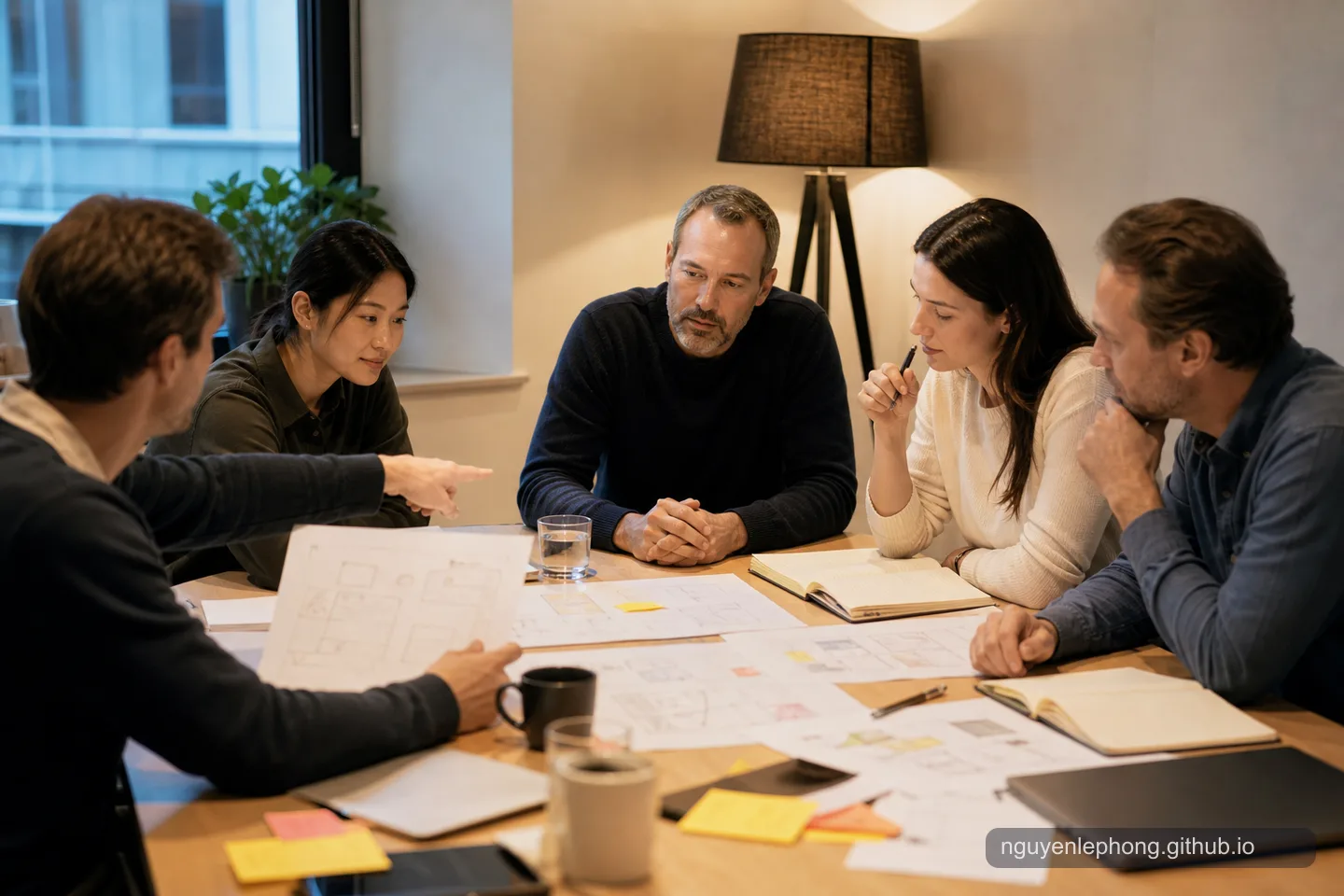A peer group shifts attention from one person's sketch to another colleague's stronger approach during a calm meeting.