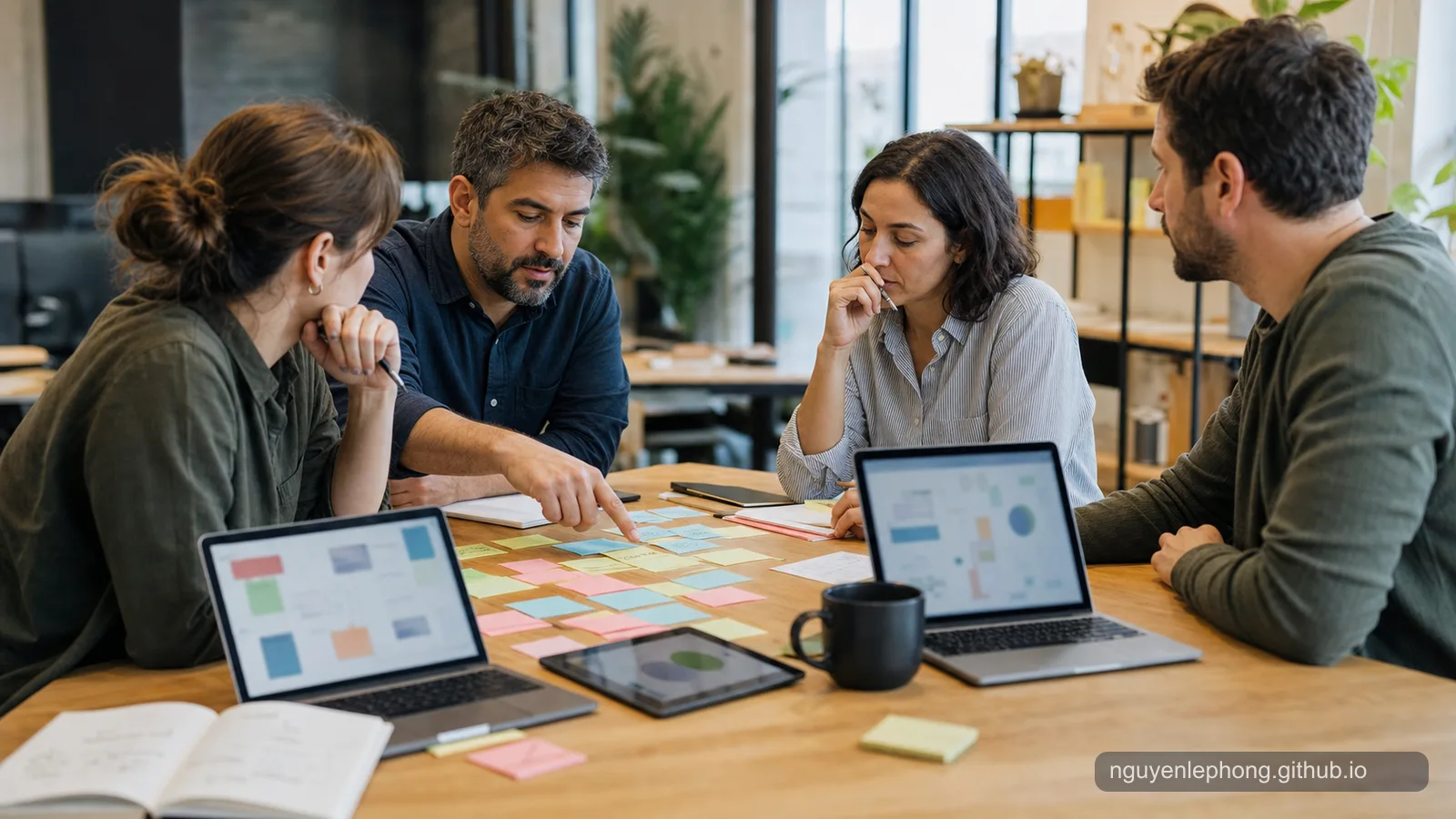 Peers from different teams map constraints and dependencies around a shared table before deciding how to cooperate.