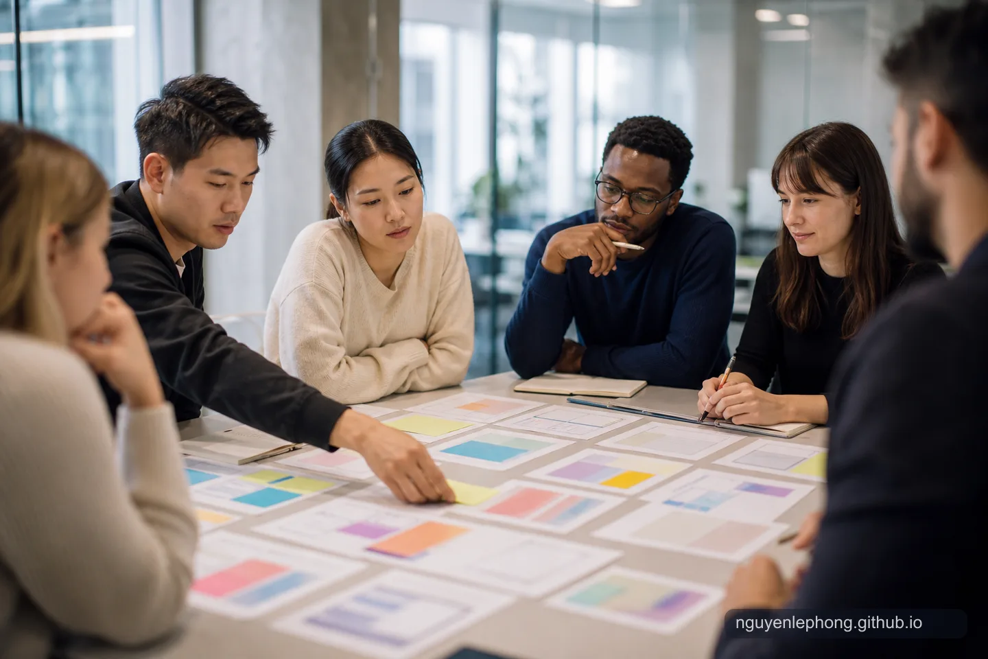 Peers compare competing approaches with notes and prototype sketches while keeping the shared goal at the center.