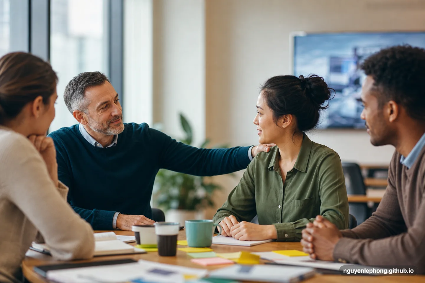 Người dẫn dắt ghi nhận sự chuẩn bị kỹ của một teammate trong một buổi debrief bình tĩnh.