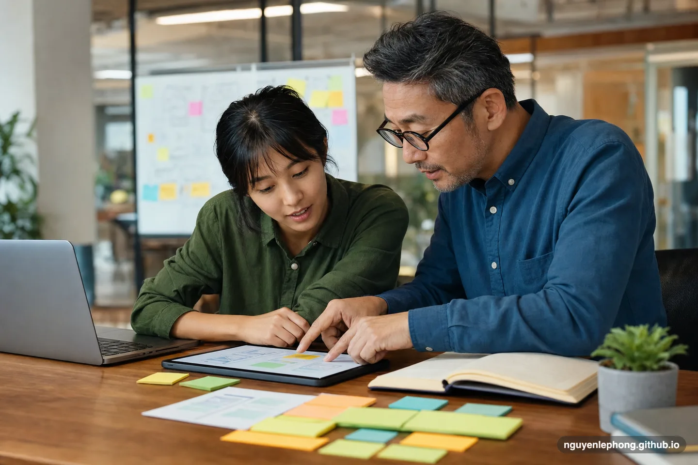 Một đồng nghiệp nhiều kinh nghiệm hỗ trợ teammate xử lý một quyết định sản phẩm khó hơn bên bàn làm việc.