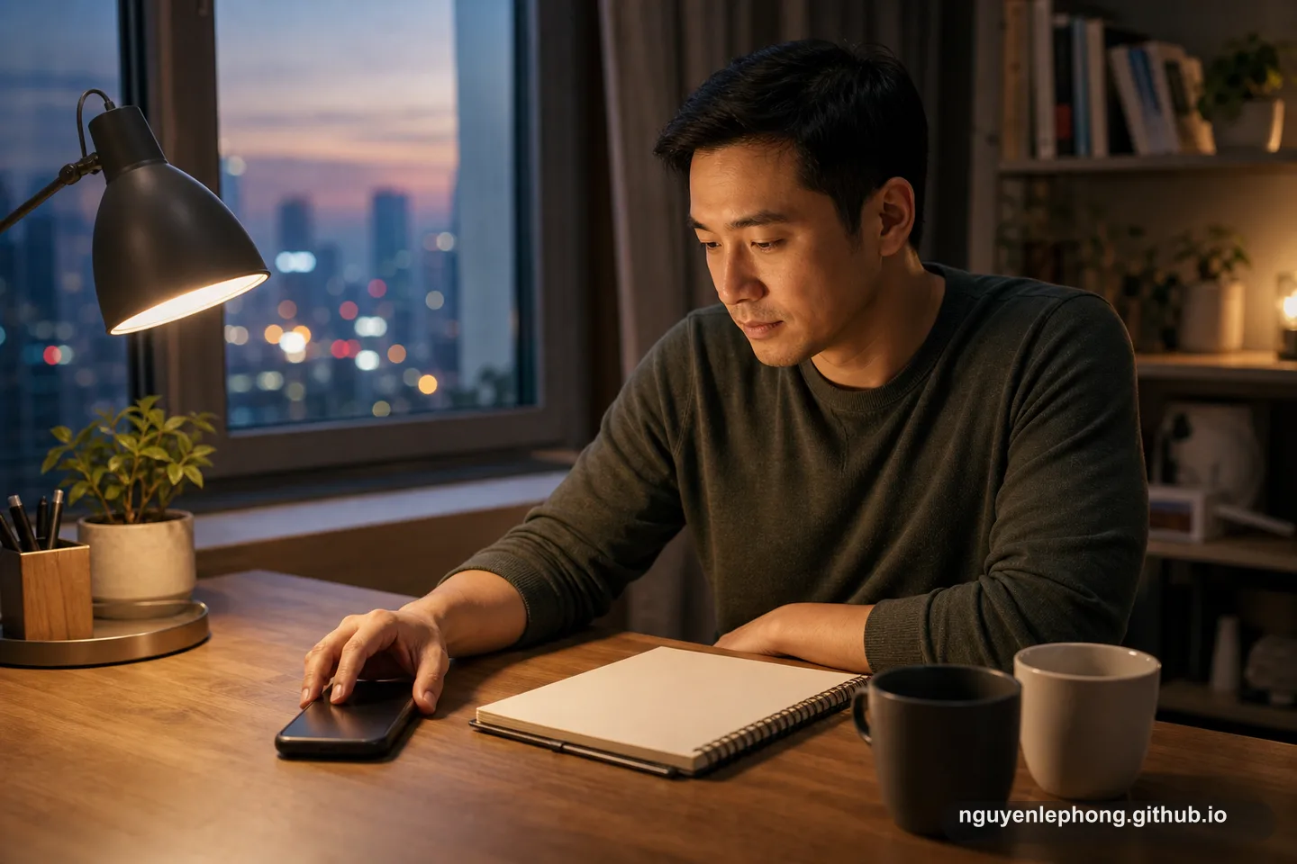A person pauses beside a face-down phone, blank notebook, and two cups at an evening desk before choosing a calmer boundary.