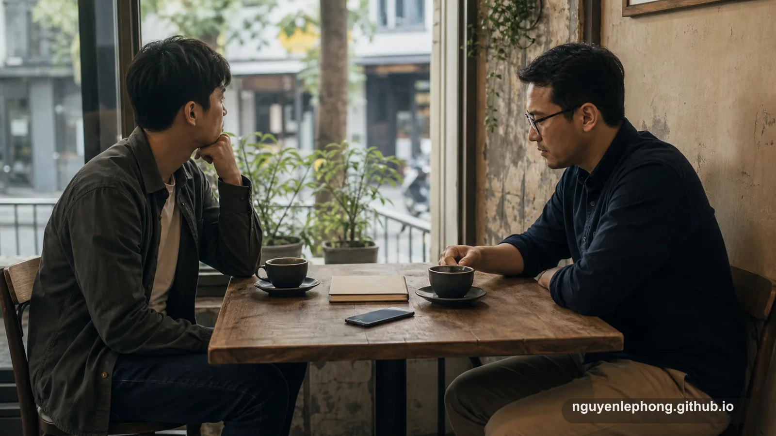 Two adult friends sit quietly across a cafe table with coffee, a blank phone, and a notebook as the conversation turns more careful.