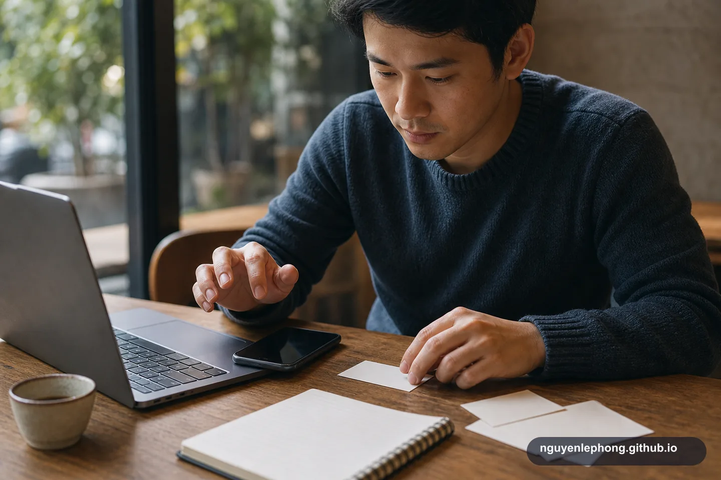 Một người dừng lại trước điện thoại và laptop, cạnh đó là sổ tay và vài thẻ nhắc trống trên bàn.