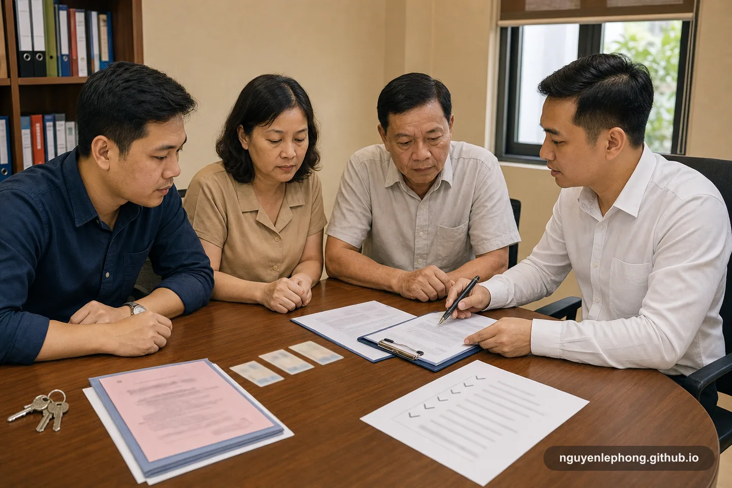 A buyer, two co-owners, and a notary review property documents and identity cards together before a deposit contract.