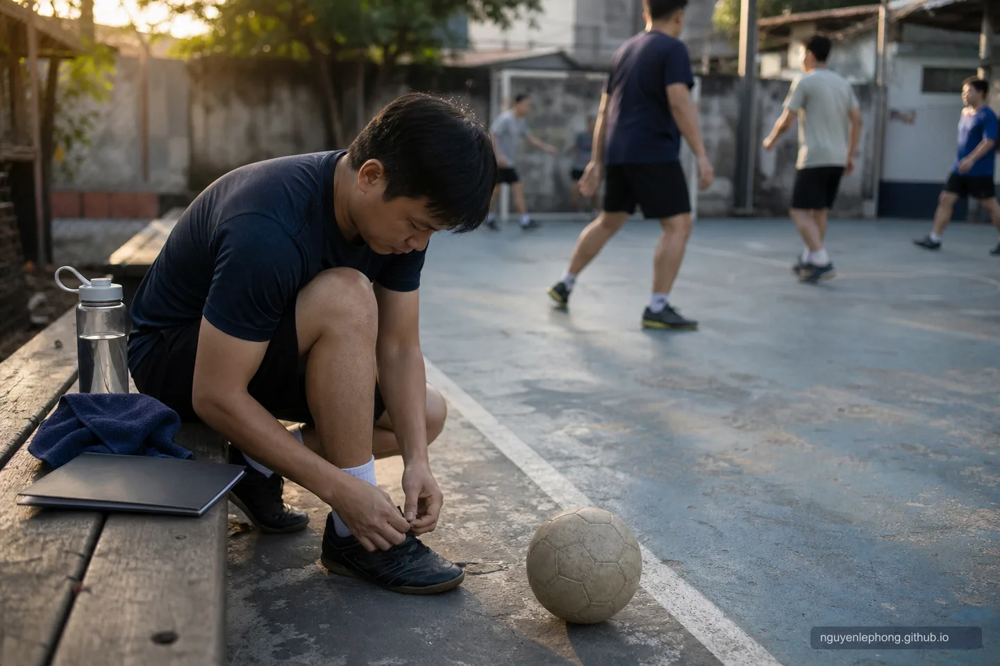 A Vietnamese adult ties their shoe on the sideline beside a blank notebook, water bottle, towel, and unbranded ball.