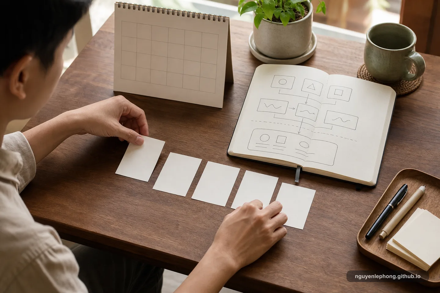 Một người Việt Nam xếp các thẻ việc trống cạnh calendar trống và các phác thảo sổ tay trên bàn gỗ.