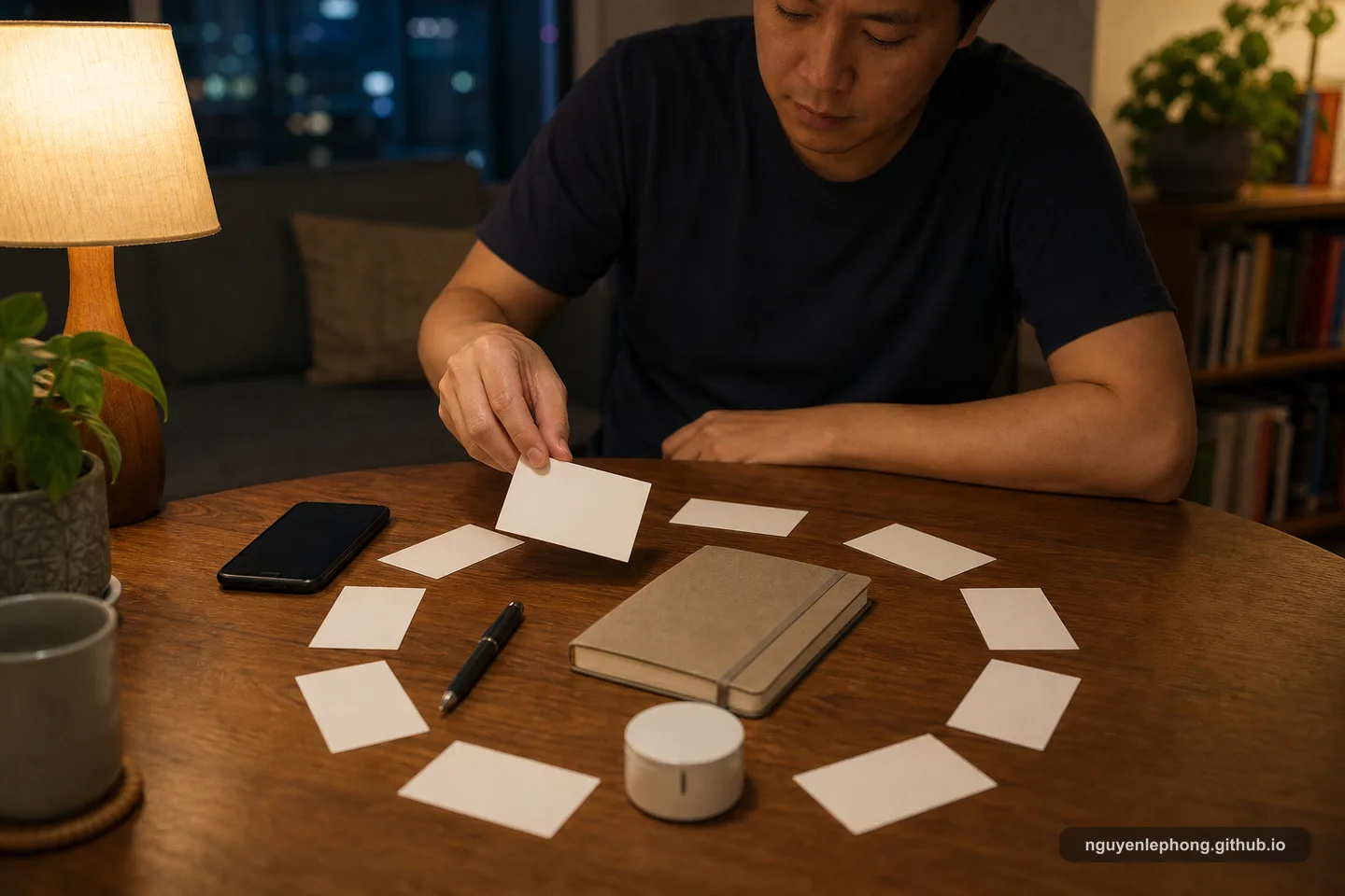 Một người Việt Nam đặt một thẻ review trống vào một vòng nhỏ cạnh sổ tay, điện thoại, bút và đồng hồ hẹn giờ trên bàn buổi tối.