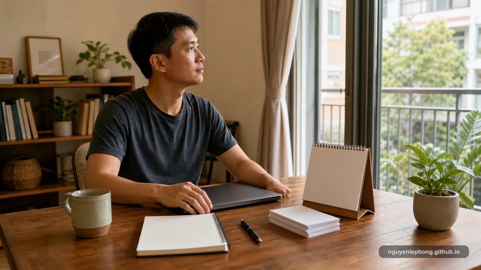 Một người Việt Nam ngồi ở bàn làm việc buổi sáng với calendar trống, thẻ việc, sổ tay và laptop được xếp thành một hệ cá nhân bình tĩnh.