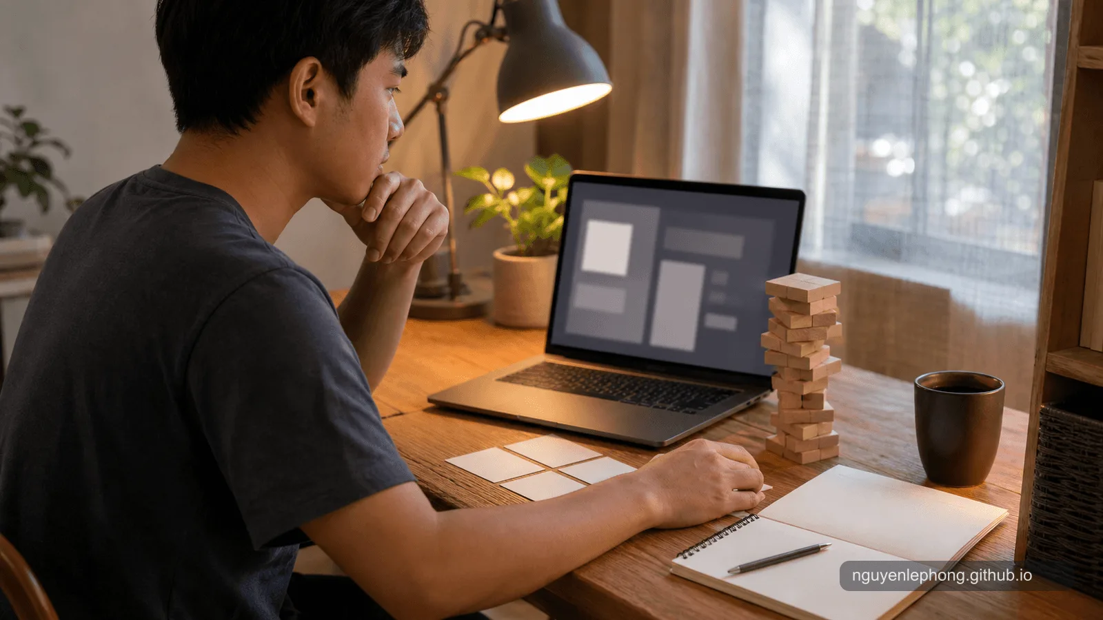 A Vietnamese software engineer pauses at a desk beside blank design cards, a laptop with abstract panels, and a small unstable tower of wooden blocks.