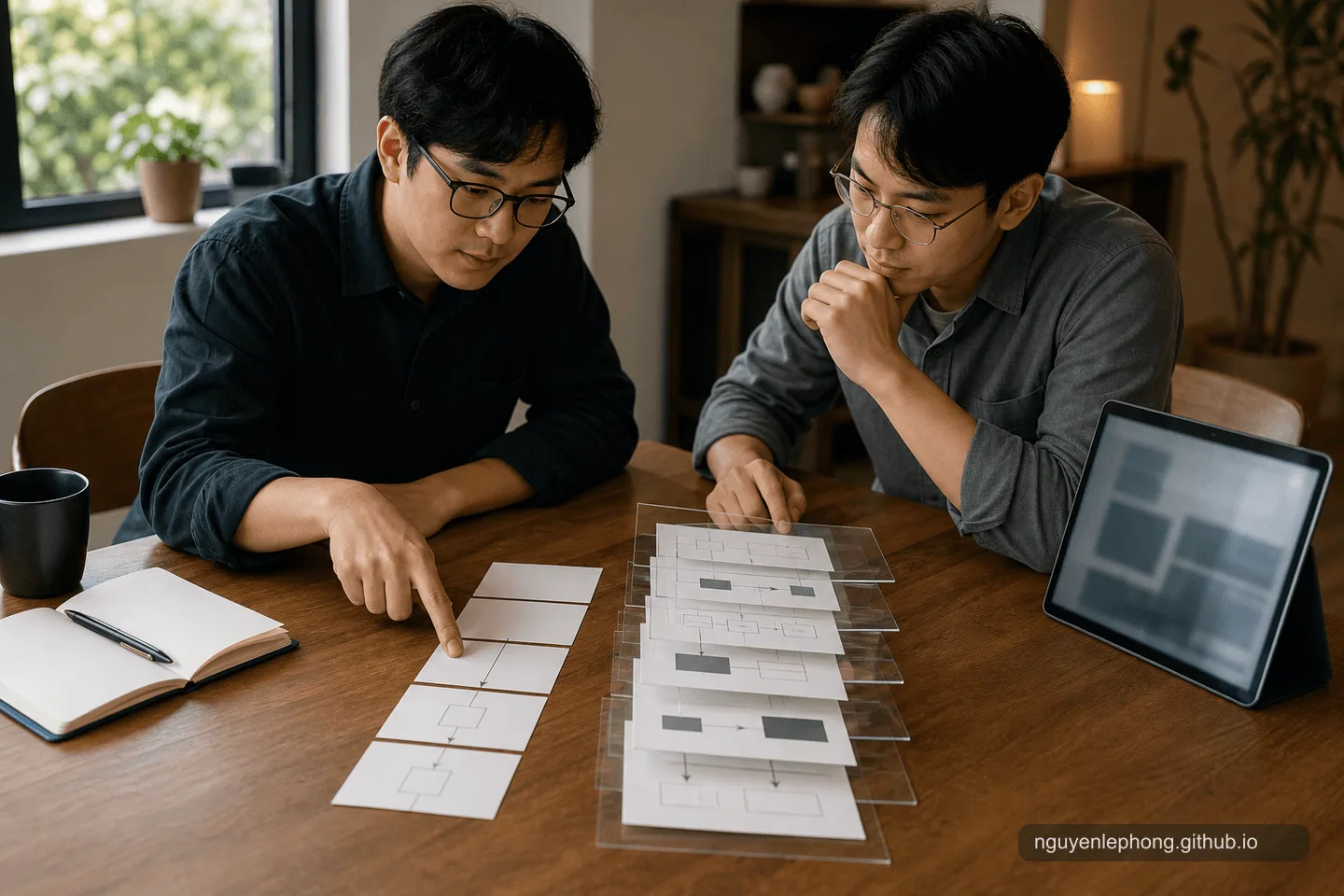 Two Vietnamese engineers compare a direct path of blank cards with a layered stack of abstract diagrams during a quiet review.