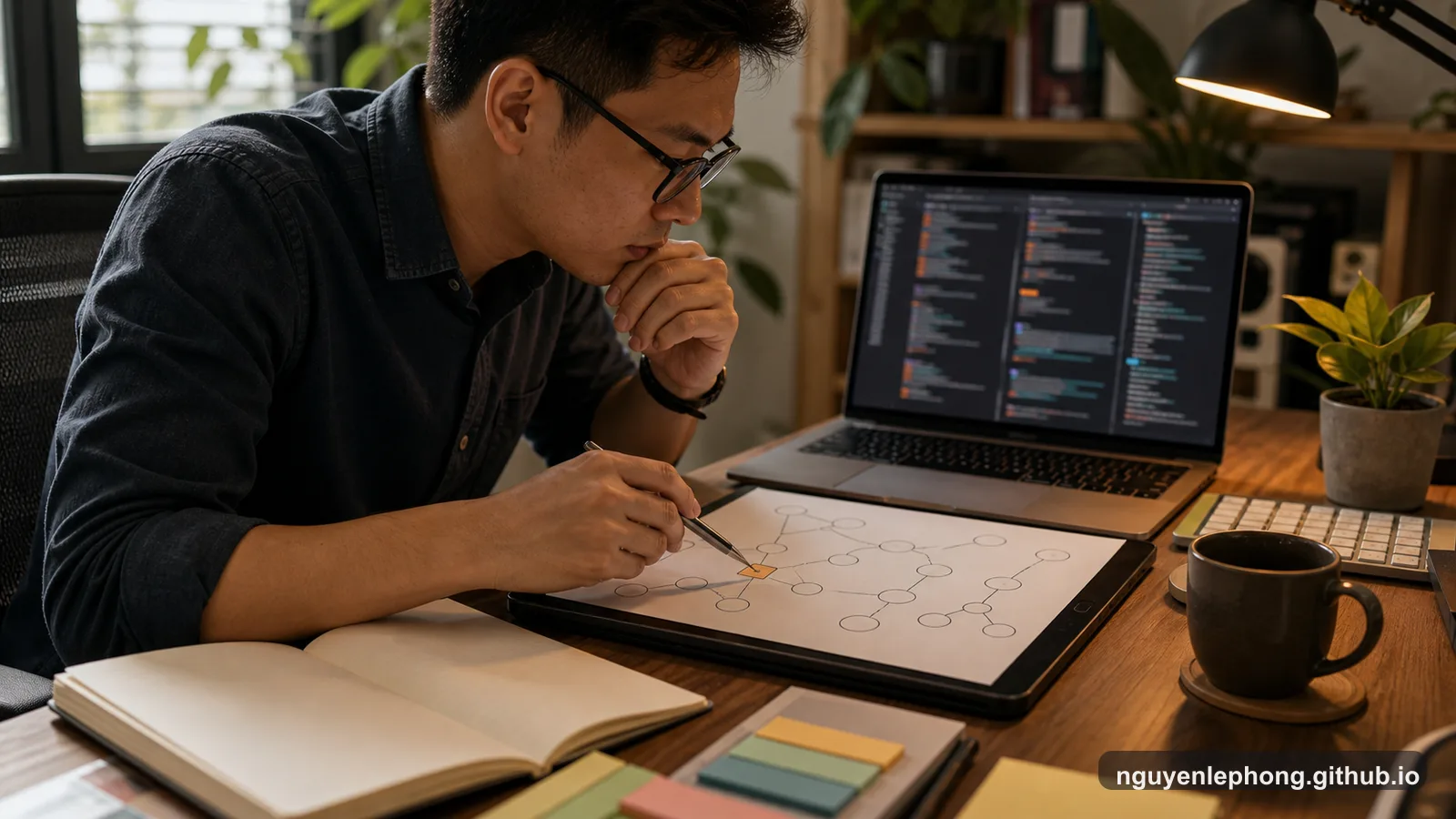 A Vietnamese software engineer points to an abstract node diagram beside a laptop with blurred code-like blocks.