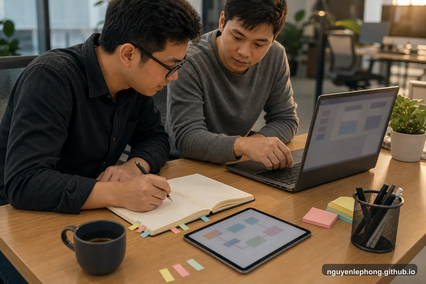Two Vietnamese engineers review a laptop and blank margin note, preparing a small cue for the next reader.