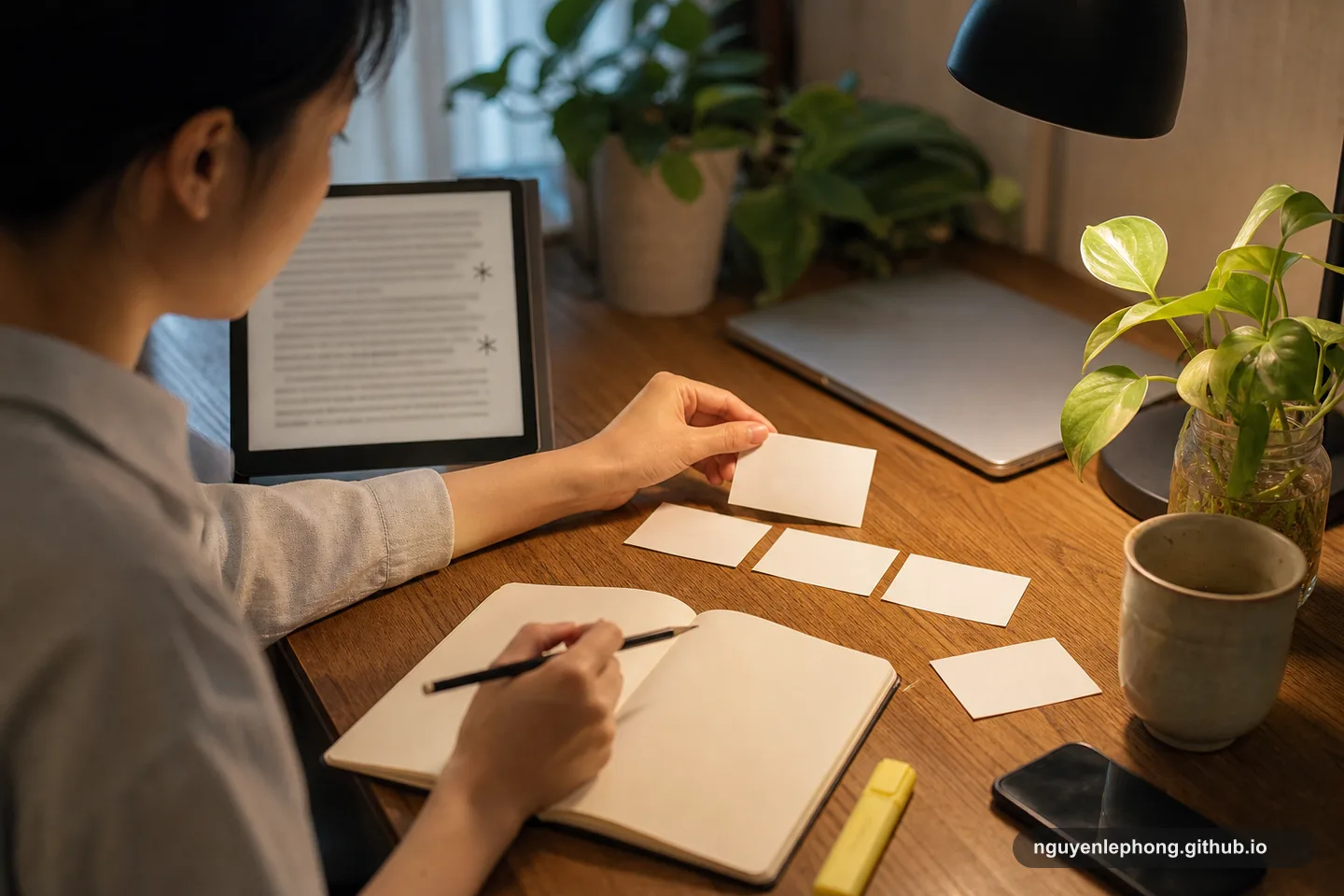 A Vietnamese reader arranges blank follow-up cards beside a blurred highlighted page with small abstract star marks.