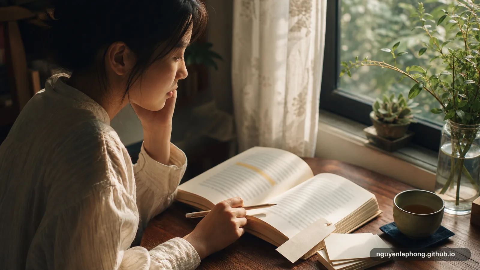 A Vietnamese reader pauses beside a window over a blurred book page with one soft highlight band and blank note cards nearby.