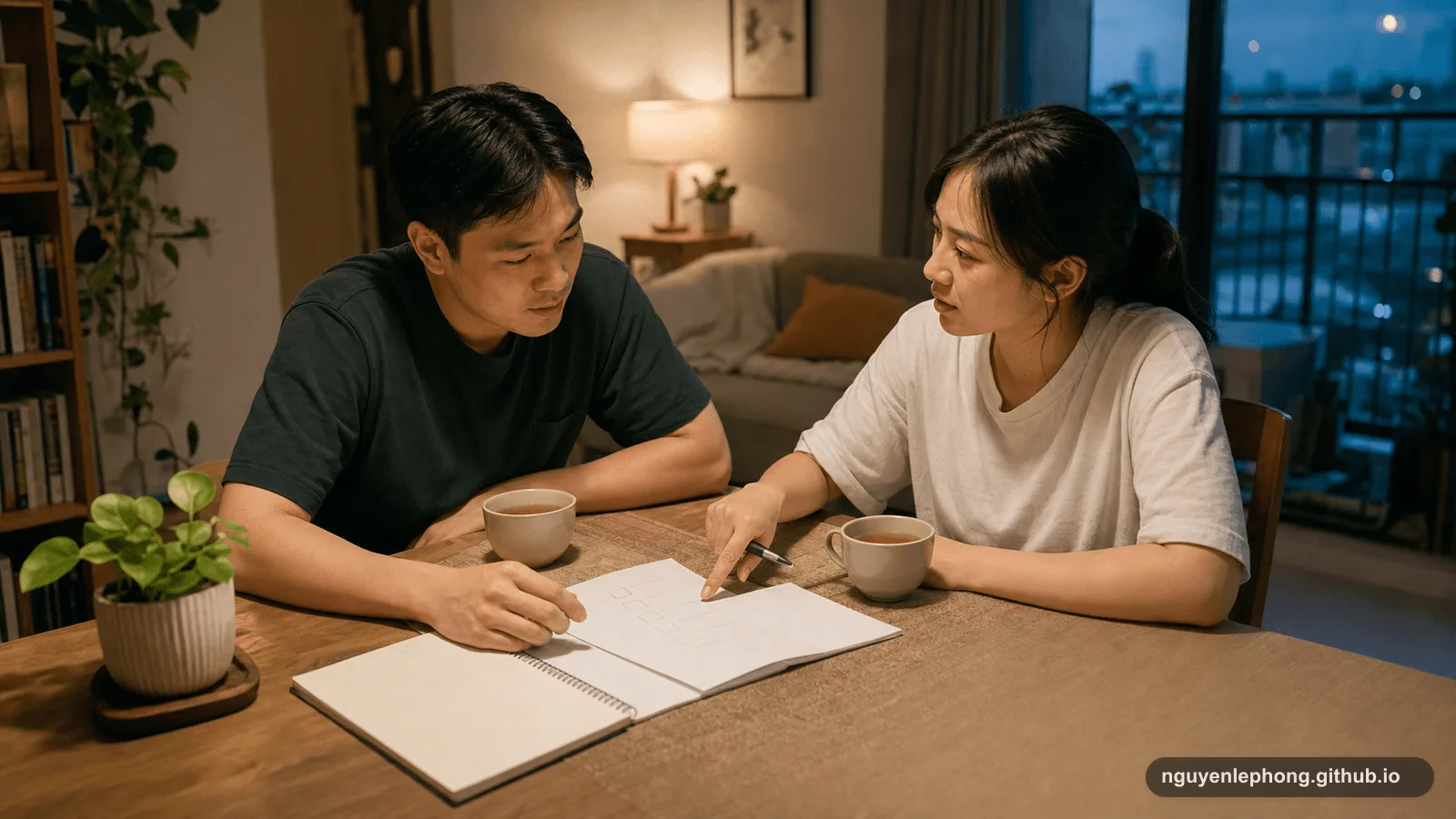 Một cặp đôi Việt Nam trò chuyện lặng lẽ bên bàn buổi tối với trà, sổ tay trống và danh sách trước khi quyết định cưới.