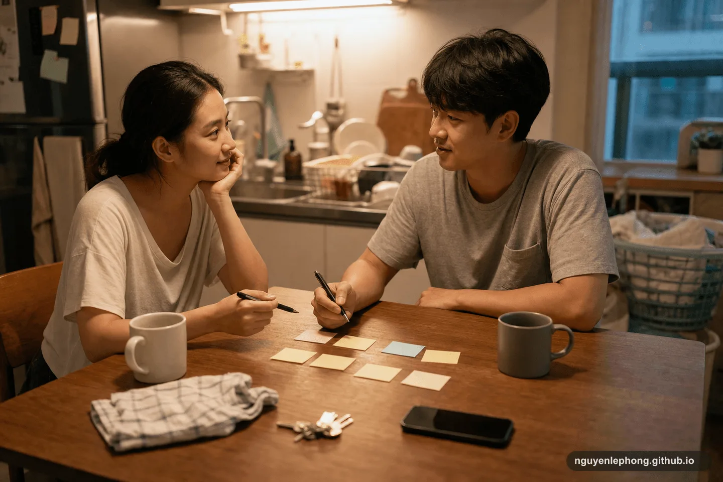 Một cặp đôi Việt Nam ngồi bên bàn bếp sau bữa tối với giấy ghi chú trống, ly nước và đồ dùng trong nhà để nói về nếp sống chung.