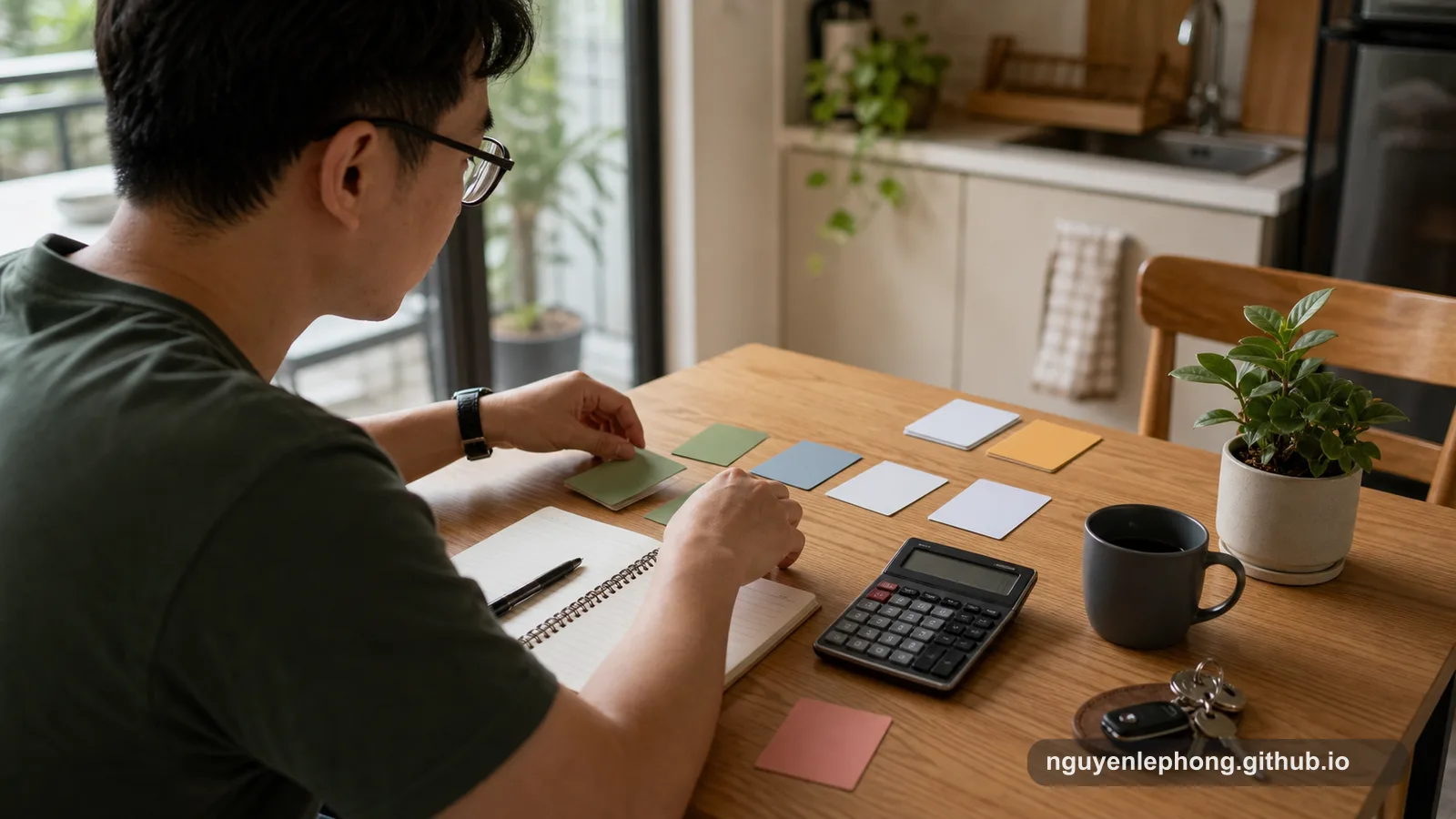 A Vietnamese man arranges blank cost cards beside a calculator and notebook, turning household expenses into a concrete emergency fund target.