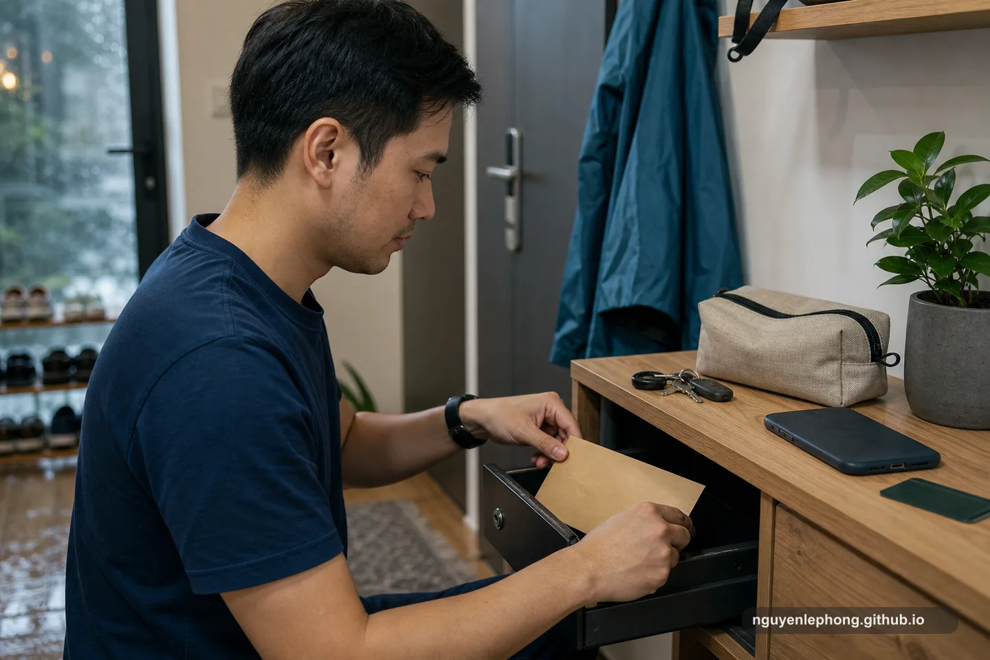 A Vietnamese man places a plain envelope into a separate drawer near his keys, keeping emergency money apart from everyday spending.