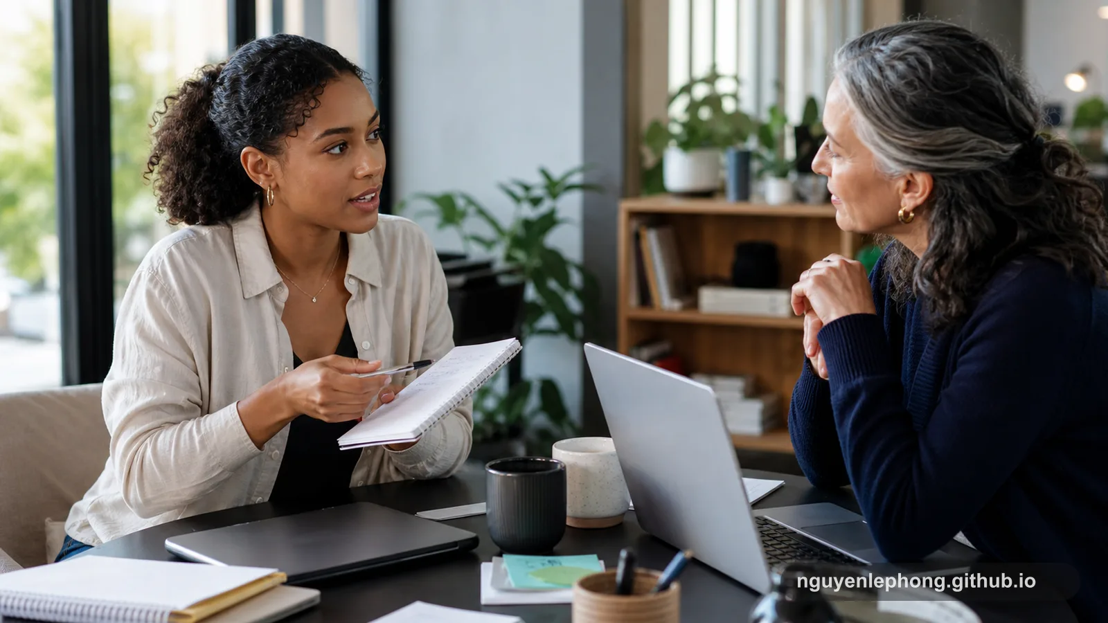 A younger professional speaks honestly with a senior mentor across a quiet office table.