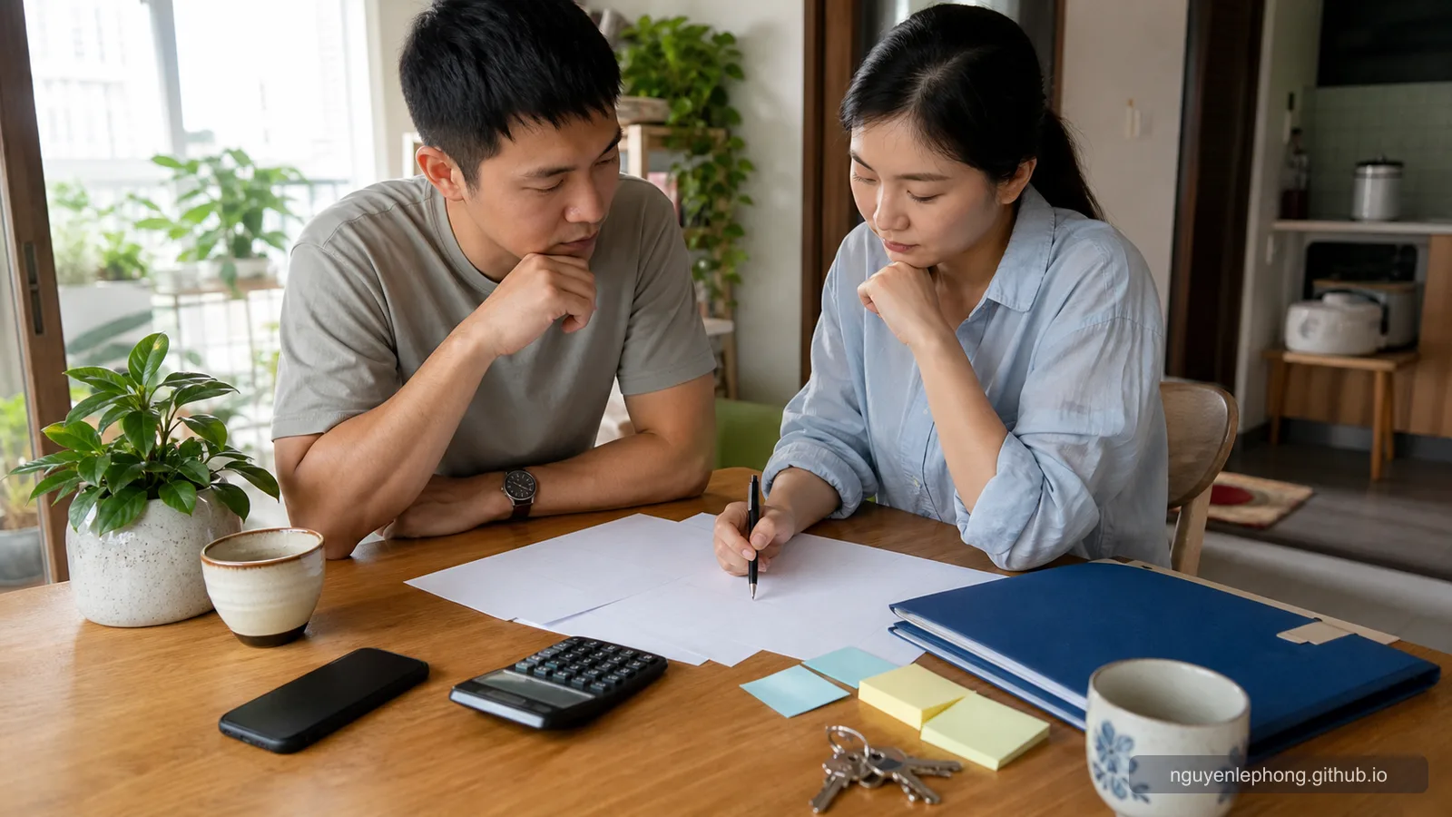 First-time home buyers review a blank budget sheet, calculator, folder, and keys before viewing properties.