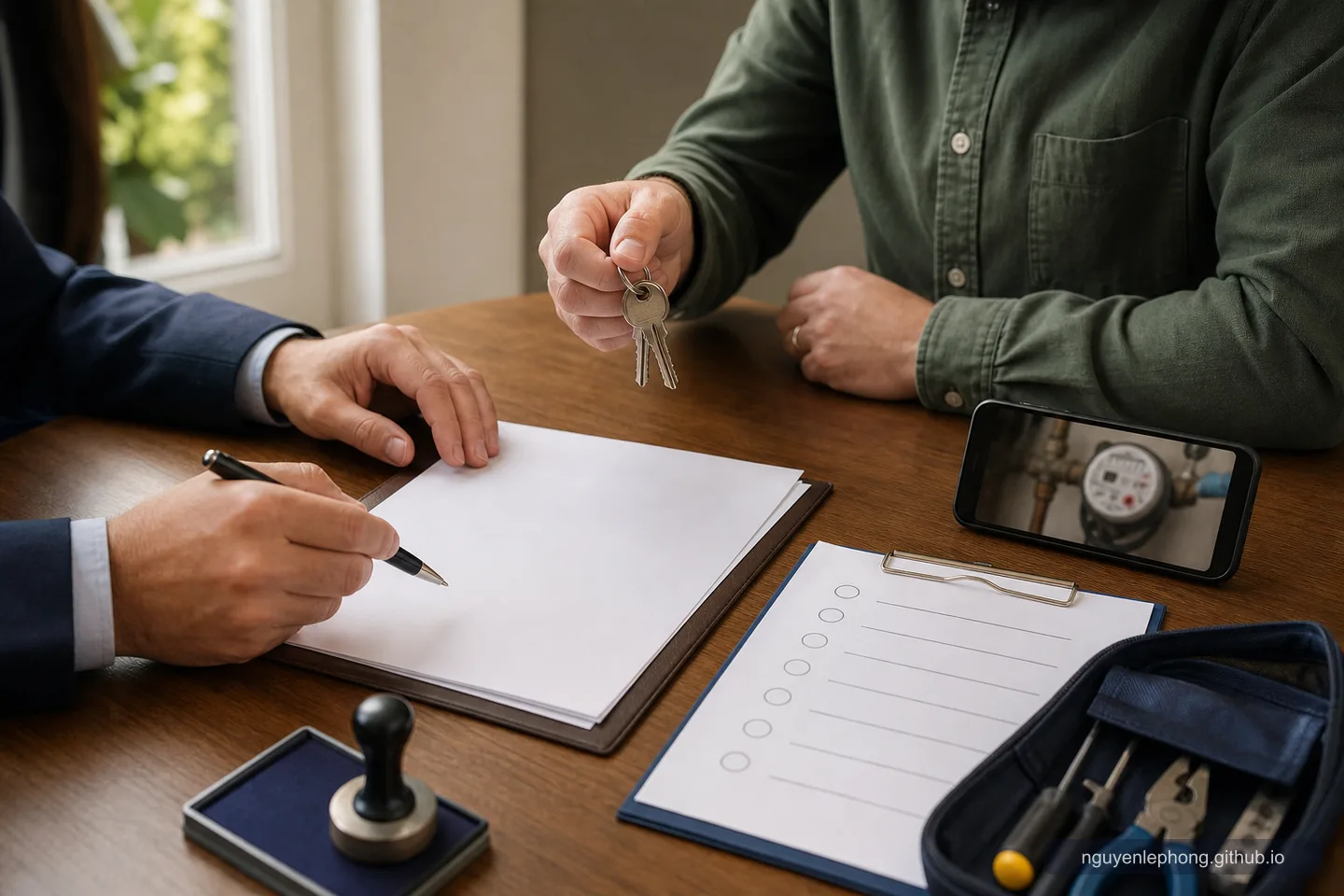 Hands review blank contract pages, keys, a checklist, and utility evidence during a careful home handover.