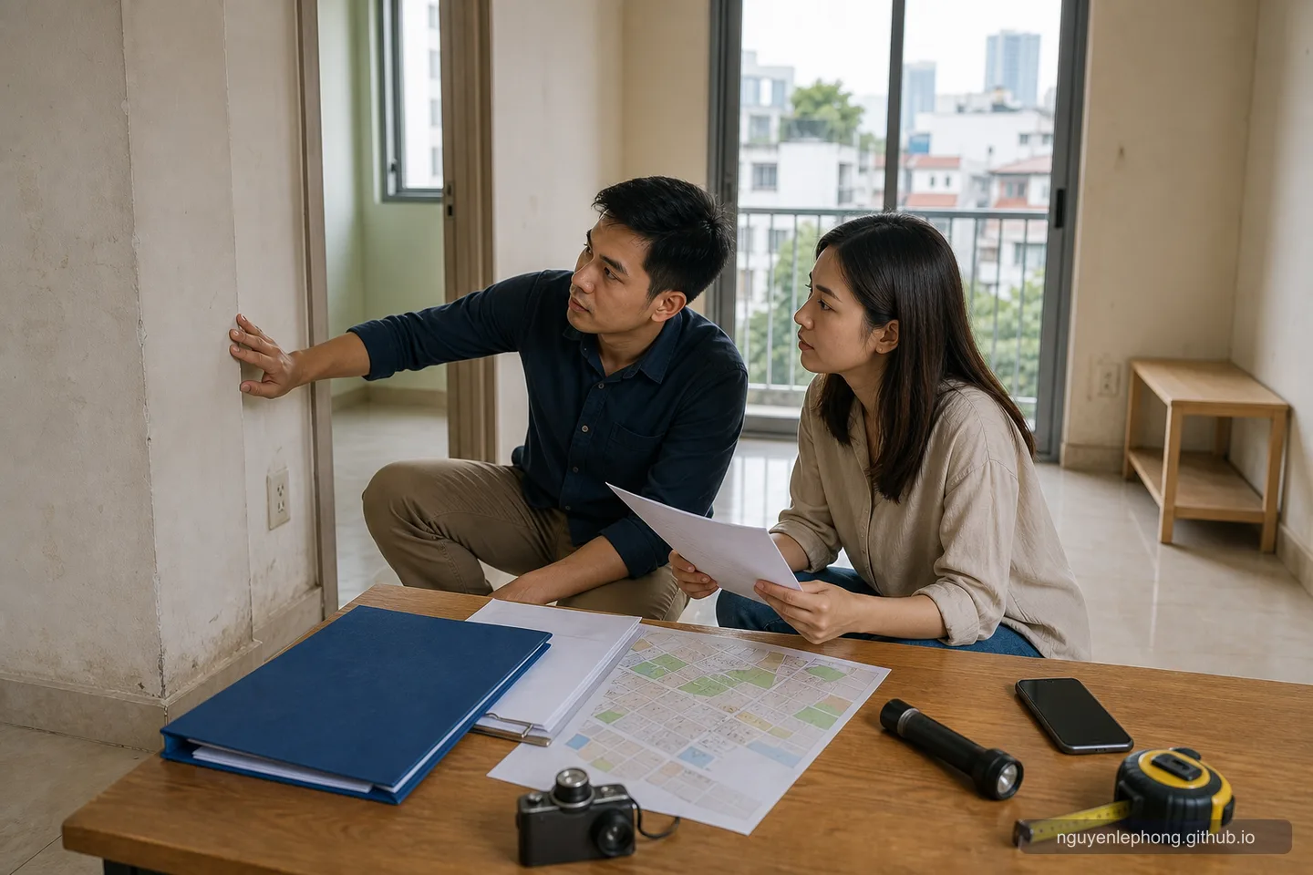 Vietnamese home buyers inspect a wall and review blank property documents before paying a deposit.