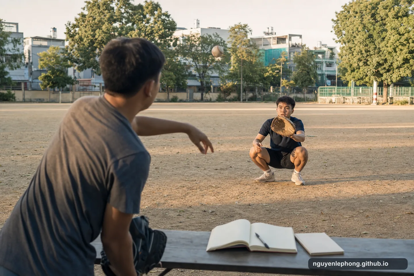 Hai người bạn Việt Nam tập một cú ném và bắt vừa sức trên sân yên tĩnh, với sổ tay trống và sách mở đặt gần đó.
