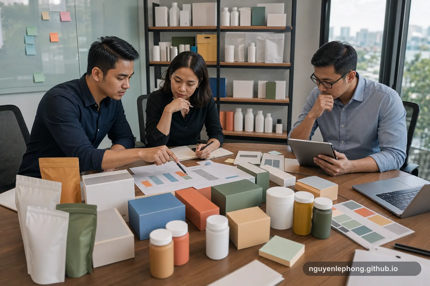 Một nhóm commercial xem mẫu sản phẩm trơn, biểu đồ trống, thẻ giá và ghi chú kênh bán trước một quyết định P&L.