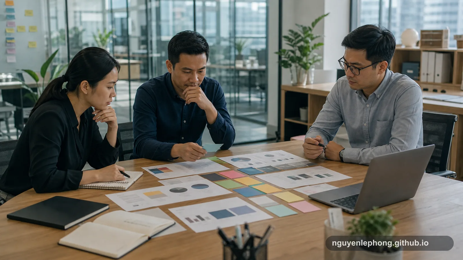 Một team trong văn phòng cùng xem các thẻ bằng chứng và biểu đồ trống trước một quyết định lãnh đạo quan trọng.