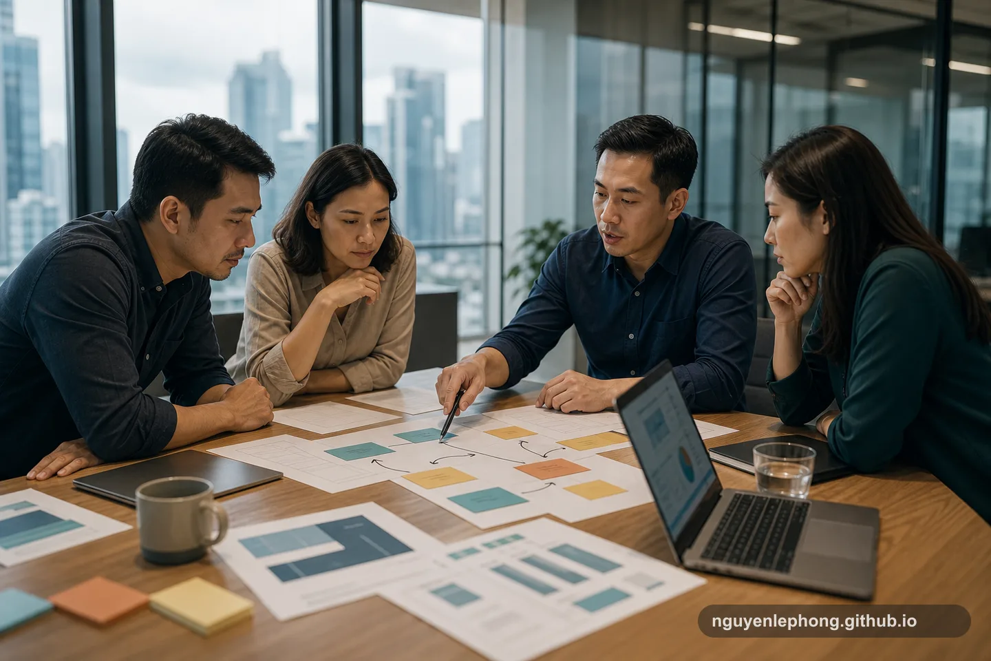 Một nhóm lãnh đạo xem giấy tờ tài chính trống và thẻ rủi ro trong phòng họp trước một quyết định kinh doanh khó.