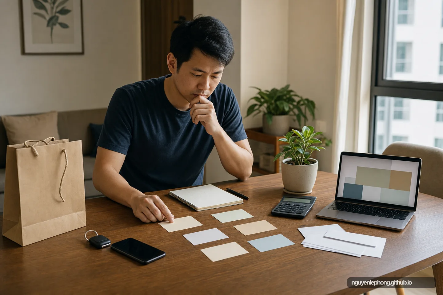 Một người Việt tạm dừng giữa các thẻ chi tiêu trống, túi mua sắm không logo, chìa khóa xe, máy tính và phong bì để giữ lại khoảng cách giữa thu nhập và chi tiêu.