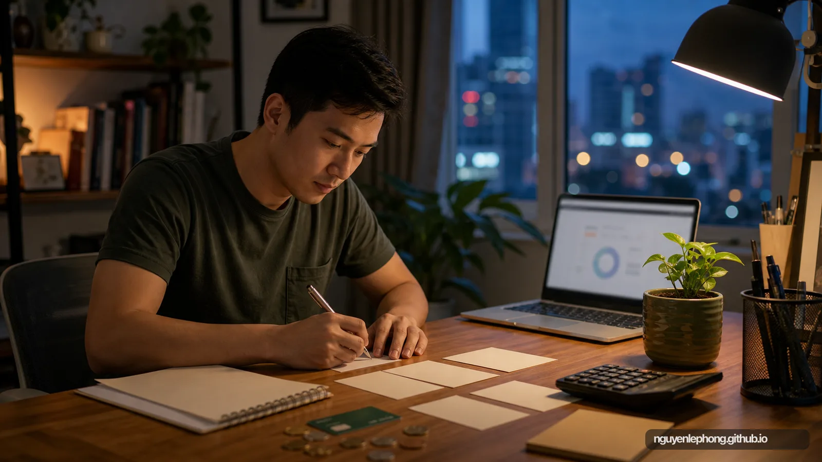 Một người Việt đang xem lại kế hoạch tiền lương ở bàn làm việc buổi tối với thẻ trắng, máy tính, laptop và một chậu cây nhỏ.