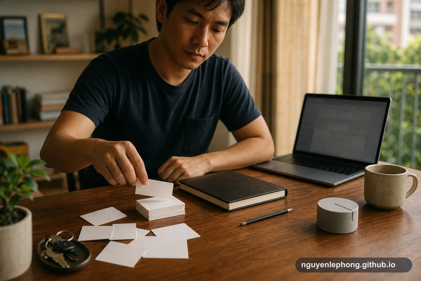 A Vietnamese professional moves a blank card into an ordered stack beside a closed notebook and blurred laptop after work.
