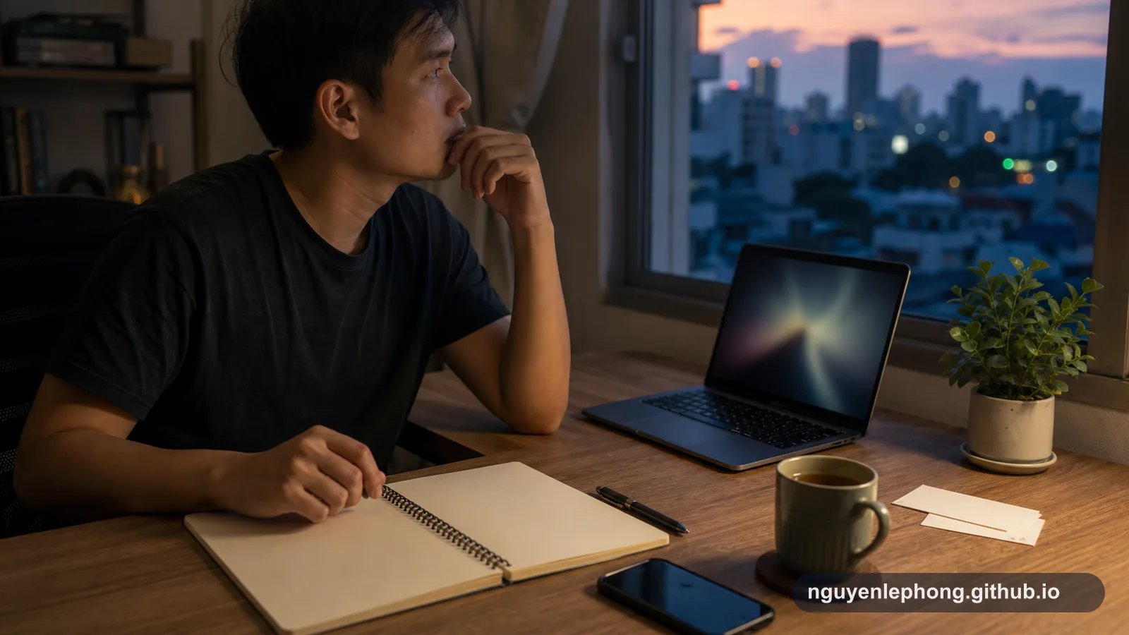 A Vietnamese adult pauses at an evening desk with a blank notebook, face-down phone, tea, and a softly blurred laptop.