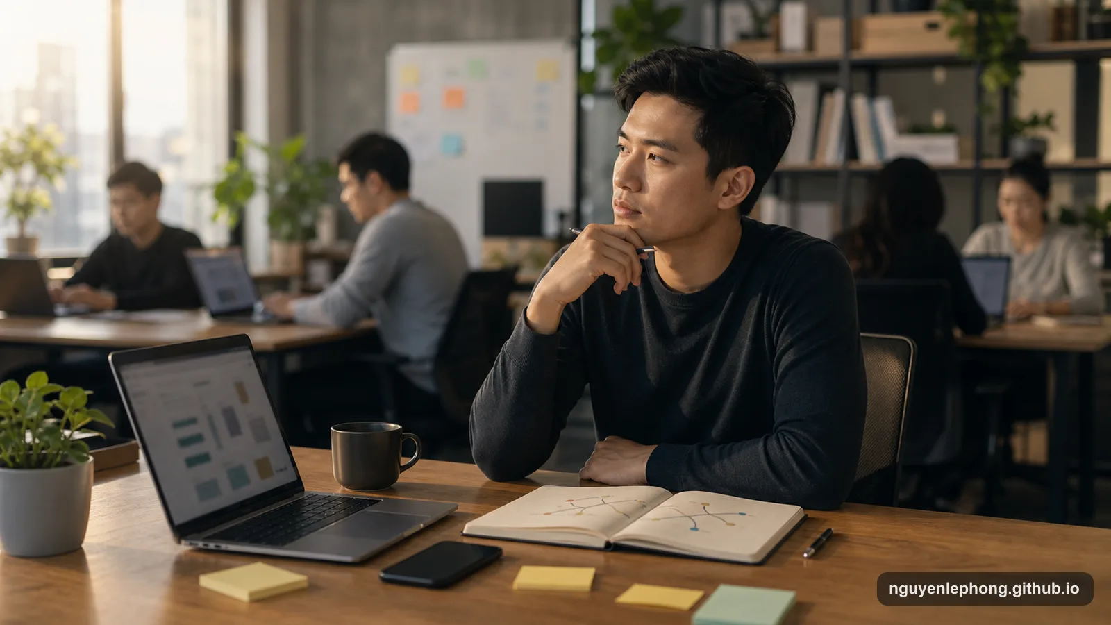 A Vietnamese software engineer studies a blank career map sketch at a desk with a laptop, notebook, and soft office light.