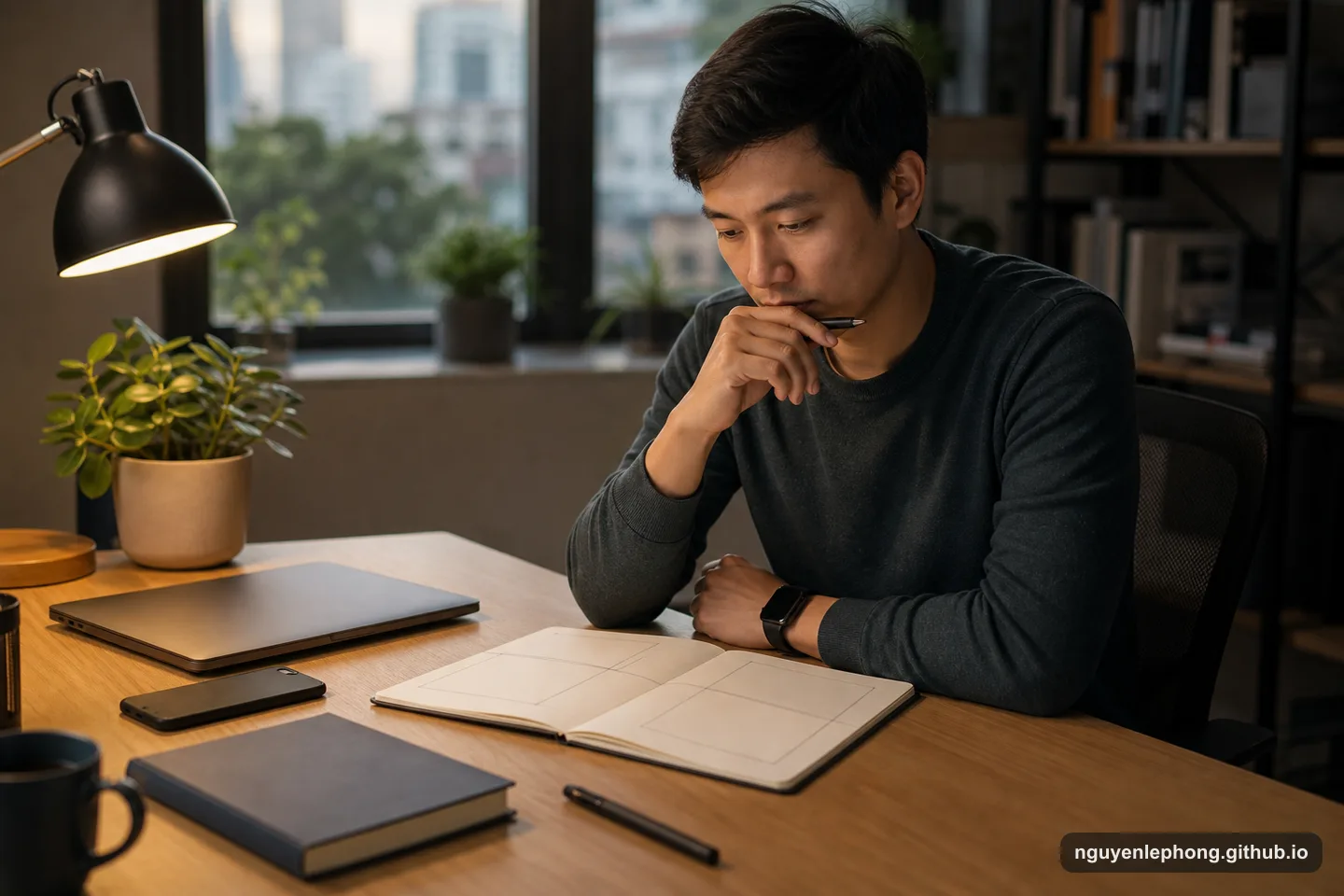 A Vietnamese software engineer reviews a blank notebook at a quiet desk in evening light.