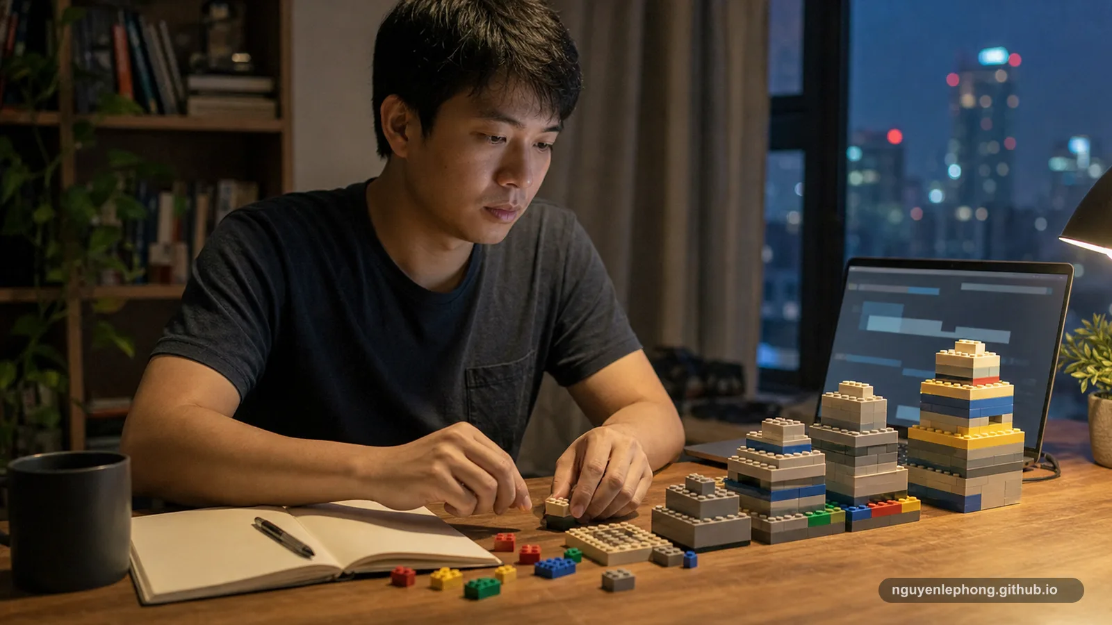 A Vietnamese software engineer studies layered toy-brick structures beside a laptop with abstract blocks on the screen.