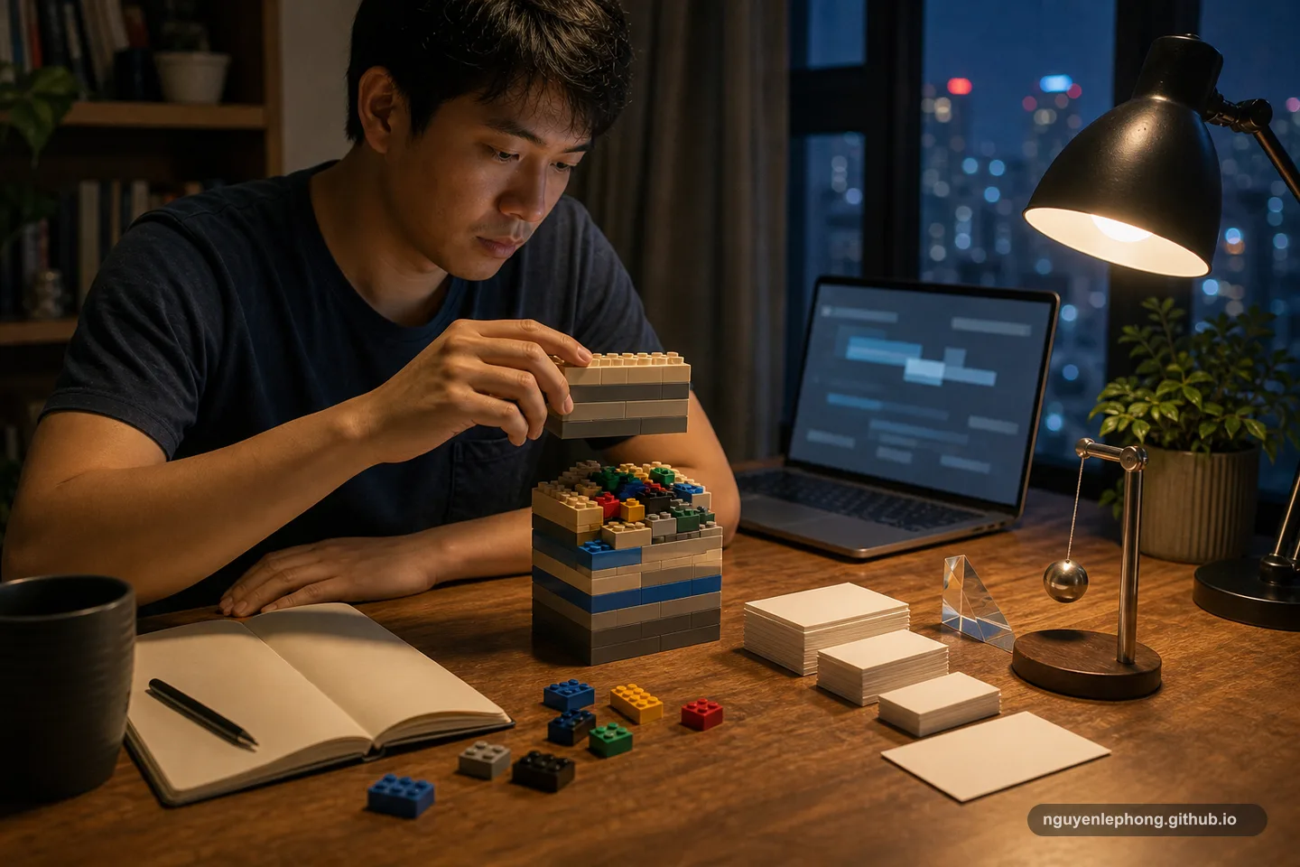 A Vietnamese engineer lifts the top layer of a toy-brick tower to reveal mixed pieces underneath beside a prism and pendulum.