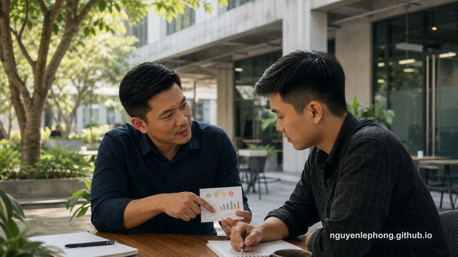 Hai người đàn ông ngồi ngoài sân và cùng xem một tờ giấy có biểu đồ.