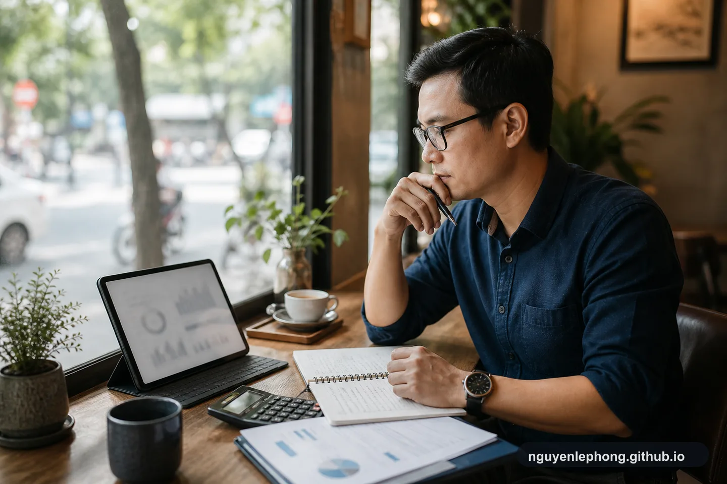 A person reviews long-term finance notes and blurred charts beside a cafe window.