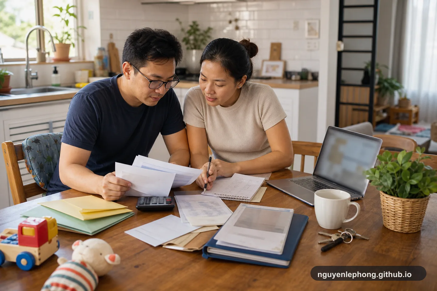 A couple reviews household papers and family responsibilities at a kitchen table.