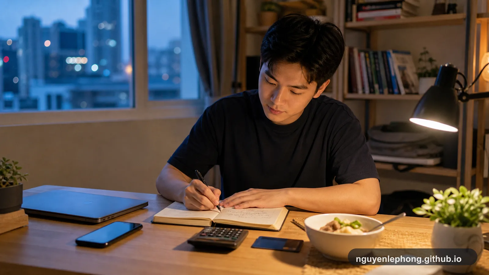 A young professional writes a simple money plan at a small apartment desk after work.