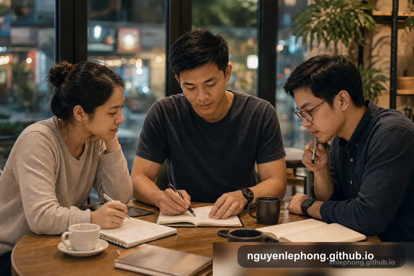 Ba đồng nghiệp Việt Nam ngồi lại với sổ tay và cà phê trong một buổi học cùng yên tĩnh sau giờ làm, khiến việc giữ nhịp trở nên tự nhiên hơn.
