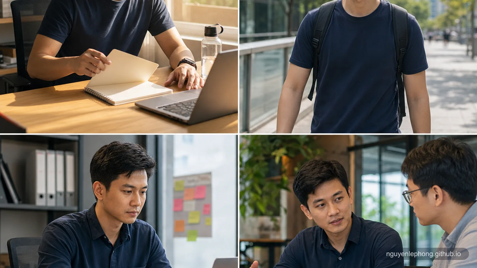 Một người làm việc Việt Nam mở trang sổ mới bên laptop và chai nước, dùng một buổi sáng gọn gàng như tín hiệu bắt đầu lại.
